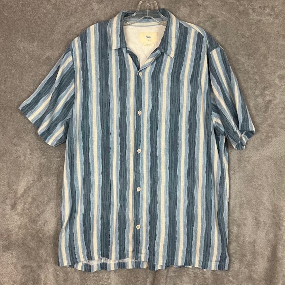 Folk Short Sleeved Camp Shirt Mens XL Striped Linen Blend Beach Coastal Relaxed